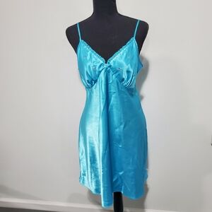 Vintage Y2K Turquoise Silky Baby Doll Embroidered Flower Slip Dress Size XL